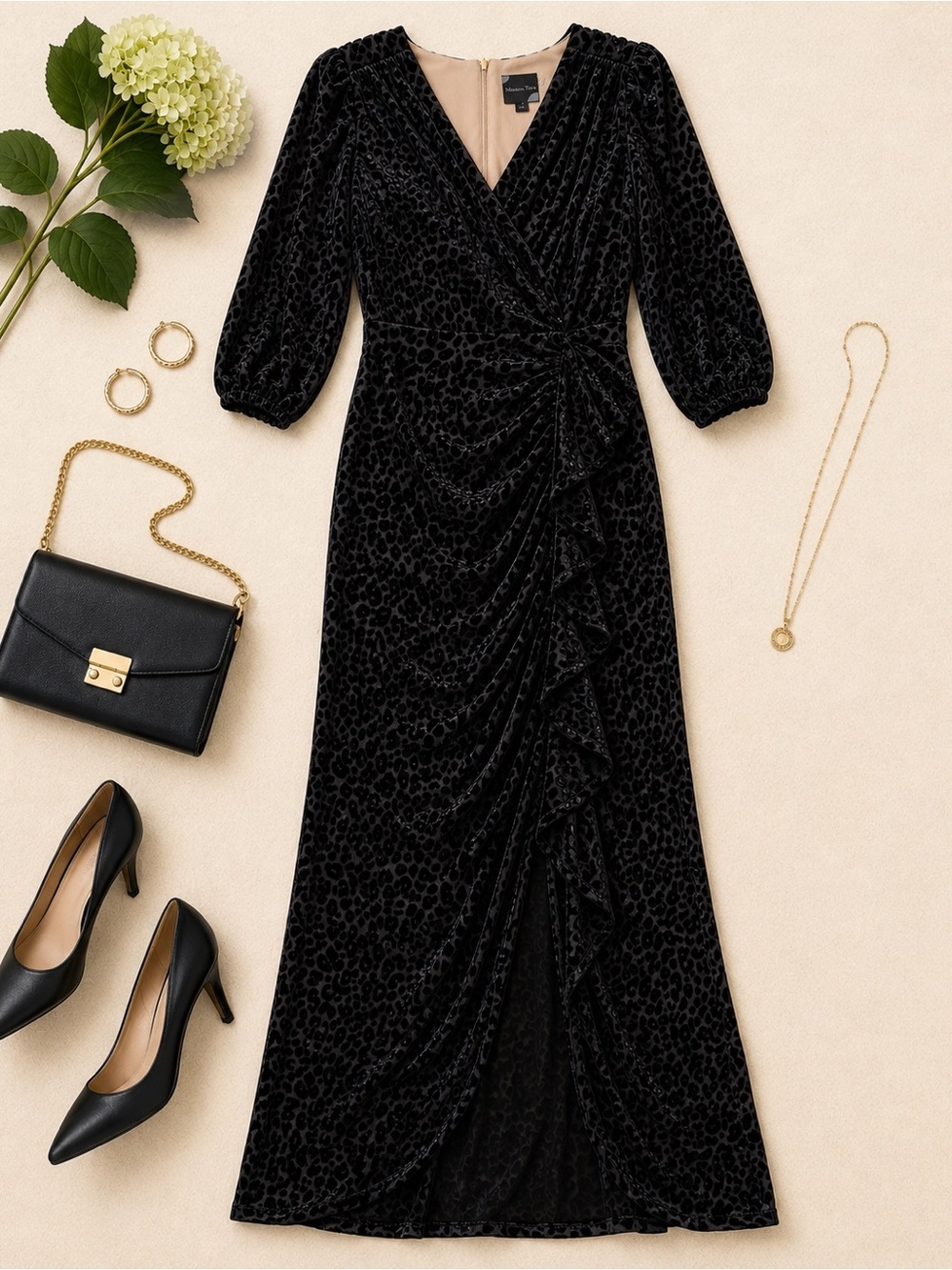 Maison Tara Black Burnout Leopard Velvet Faux Wrap Midi Dress Size 12